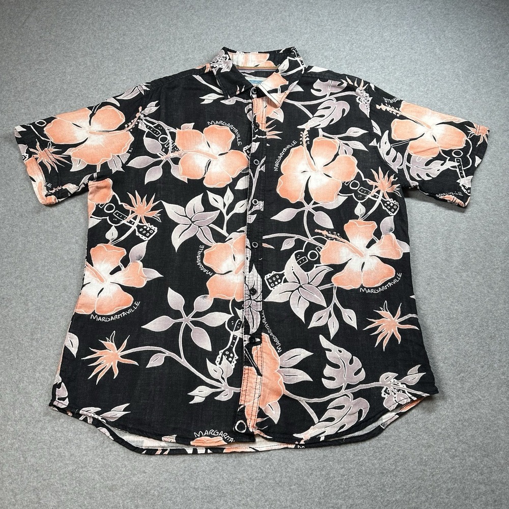 Margaritaville‎ Black Hibiscus Guitar Hawaiian L Camp Shirt Rayon Aloha